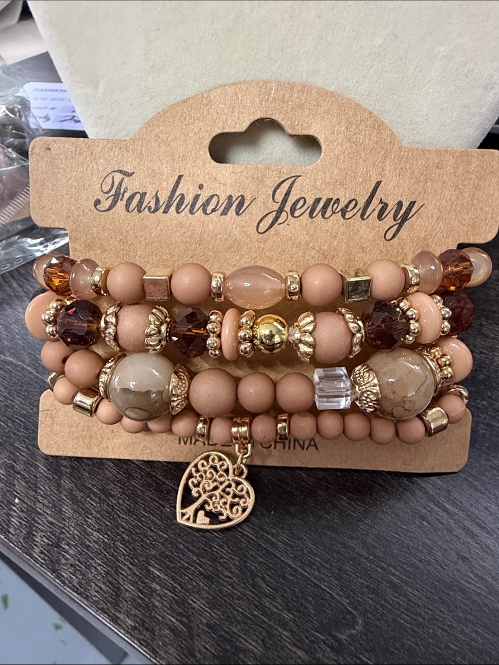 Gold Accent Pink Beaded Heart Charm Stackable Bracelet Set